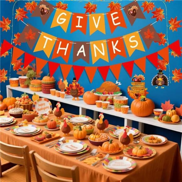 Thanksgiving Party Decorations Including Give Thanks Banner Orange Paper - Picture 6 of 8